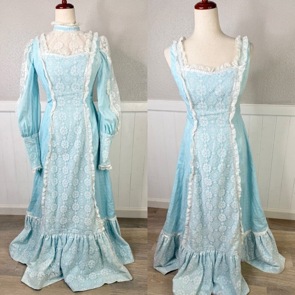 Vtg Prairie Maxi Dress Sz S Blue White Lace Victorian Lady Convertible Talon Zip
